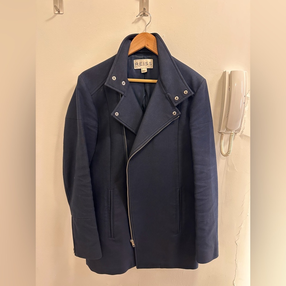Reiss Asymmetric Moto Style Jacket in Navy Size S